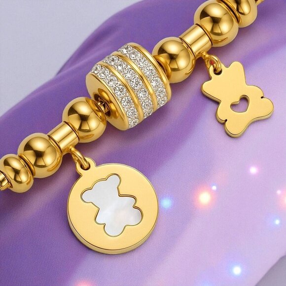 🆕️18K Gold Plated Bear Charm Bracelet with Sparkling Rhinestones & Beads 💫🐻 - Picture 9 of 11